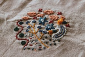 Intricate floral embroidery on linen, showing how small placement decisions make a big difference.